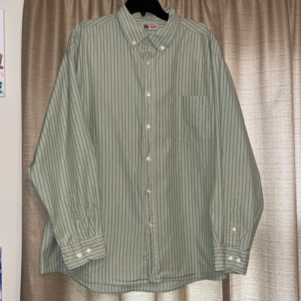 Faded Glory Mens 2XL (50/52) Green Stripe Long Sleeve Button Down Collar